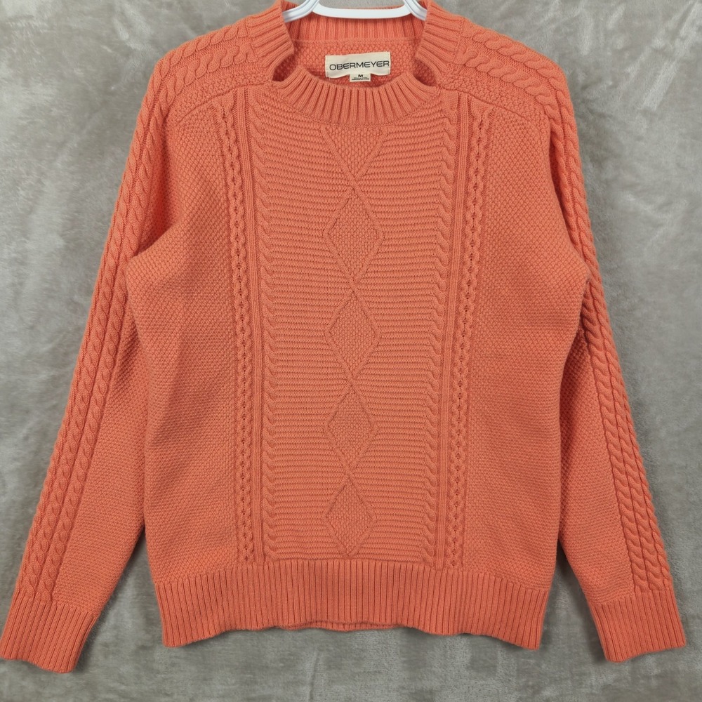 Obermeyer Coral Orange Cable Knit Sweater Pullover Merino Blend Women Medium